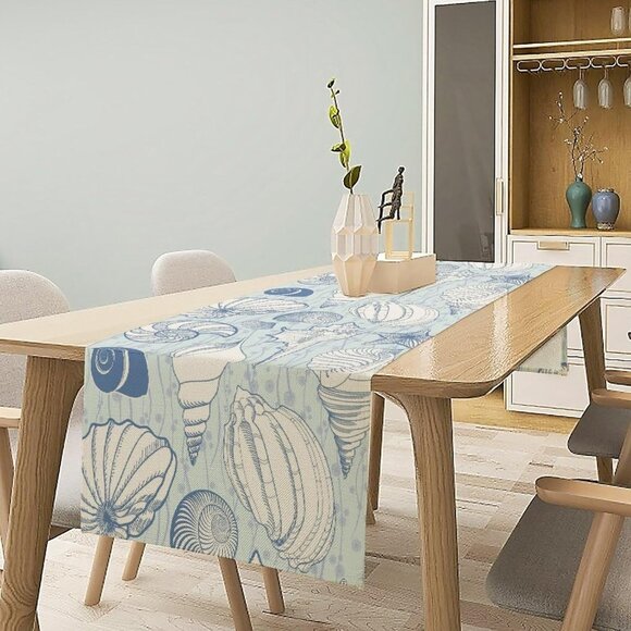 Vintage Look Seashells Table Runner - Blue Coastal Sealife Theme - Costal Decor - Picture 3 of 5
